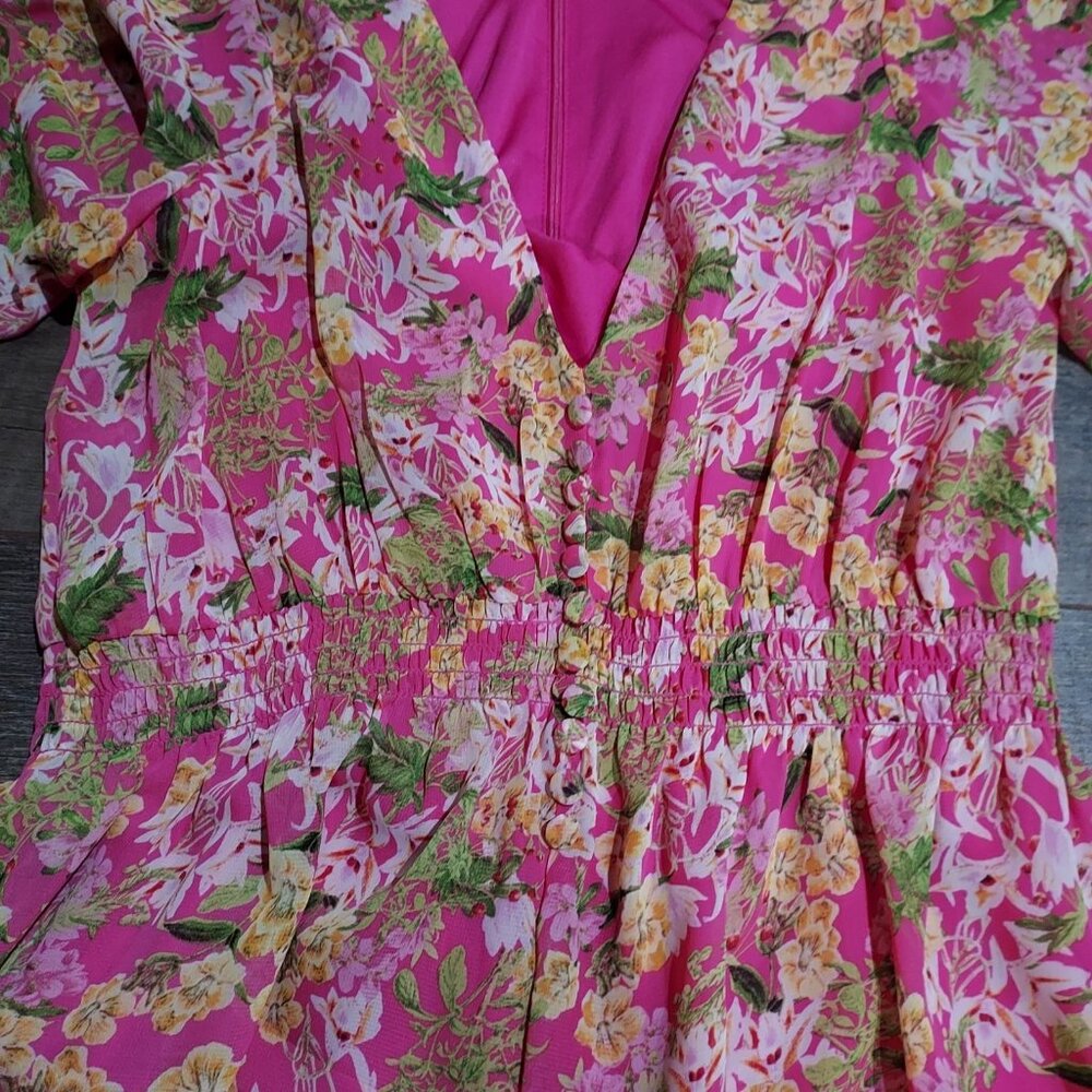 Fairycore Taylor Pink Floral 3/4 Sleeve V-Neck Button Ruffle Smocked Mini Dress - Picture 13 of 13